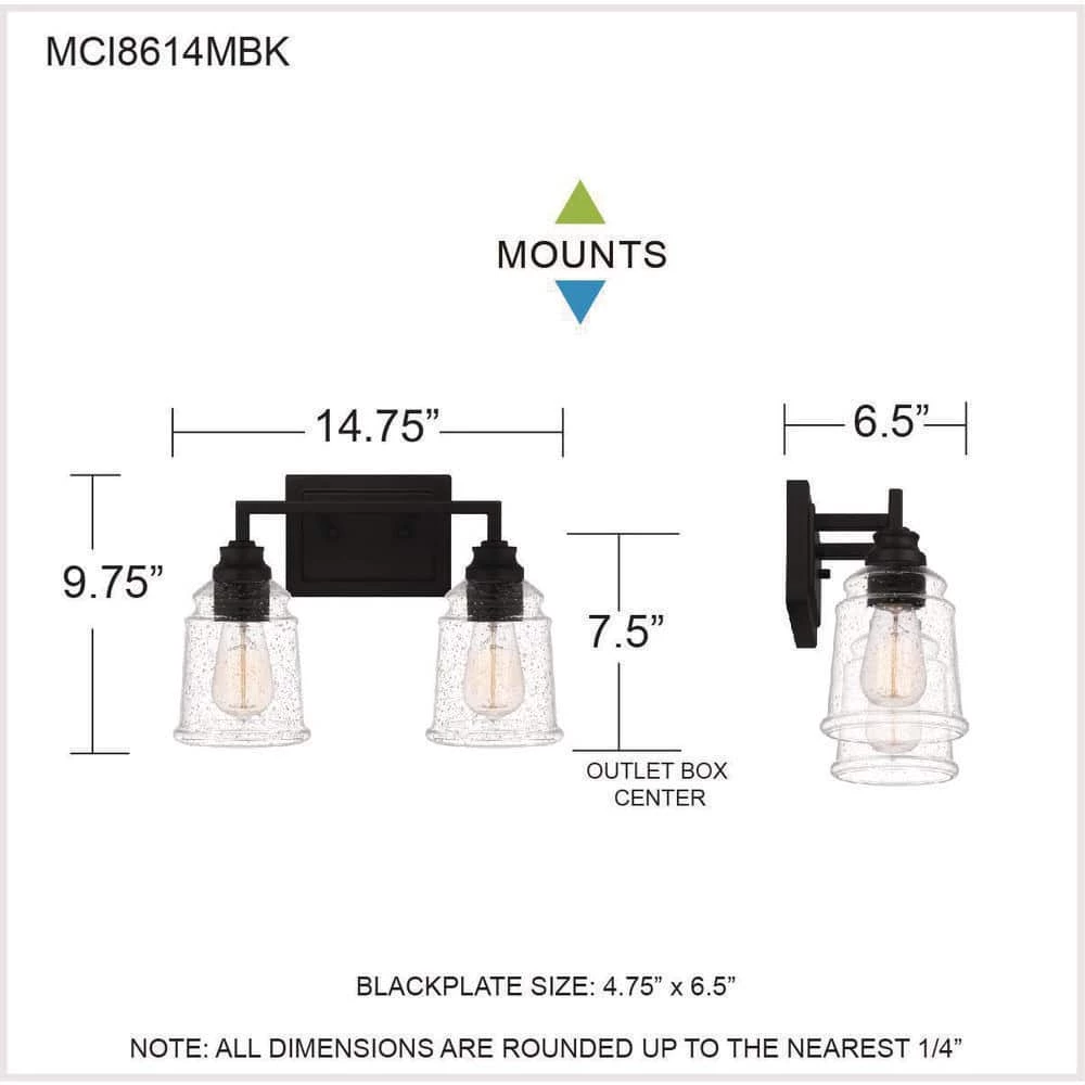 McIntire 14.75 in. 2-Light Matte Black Bath Vanity Light by Quoizel 9 McIntire 14.75 in. 2-Light Matte Black Bath Vanity Light by Quoizel - Image 7