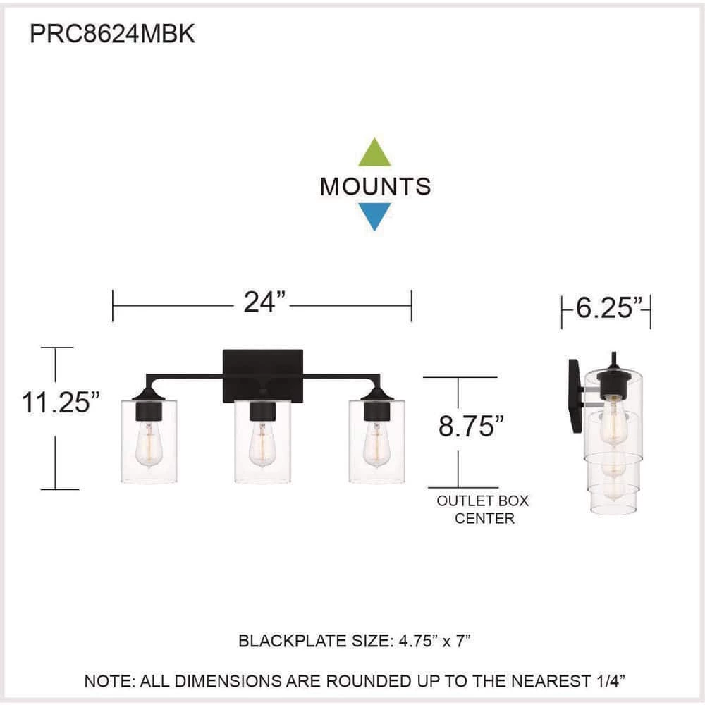 Prescott 24 in. 3-Light Matte Black Bath Vanity Light by Quoizel 9 Prescott 24 in. 3-Light Matte Black Bath Vanity Light by Quoizel - Image 7