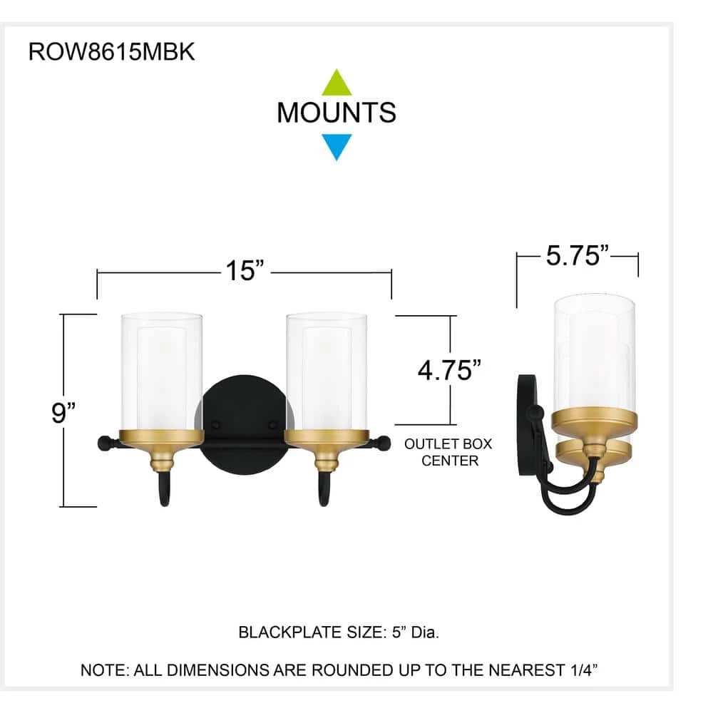 Rowland 15 in. 2-Light Matte Black Vanity Light by Quoizel 4 Rowland 15 in. 2-Light Matte Black Vanity Light by Quoizel - Image 2