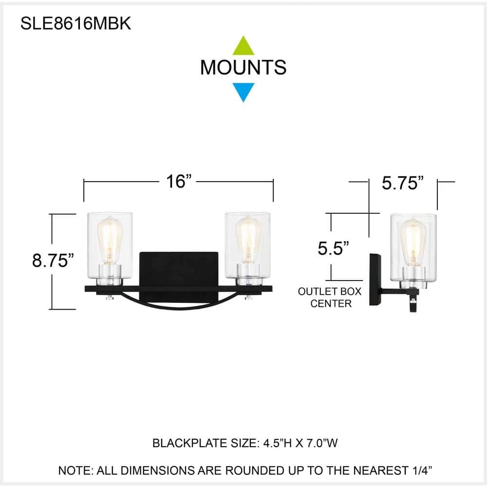 Salem 16 in. 2-Light Matte Black Vanity Light with Clear Glass by Quoizel 8 Salem 16 in. 2-Light Matte Black Vanity Light with Clear Glass by Quoizel - Image 6