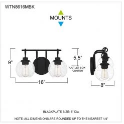 Winston 16 in. 2-Light Matte Black Vanity Light with Clear Seeded Glass by Quoizel -Quoizel Sales matte black quoizel vanity lighting wtn8616mbk fa 1000