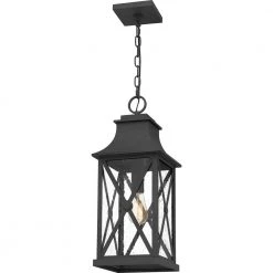 Ellerbee 8.5 in. 1-Light Mottled Black Outdoor Pendant-Light with Clear Seeded Glass by Quoizel -Quoizel Sales mottled black quoizel outdoor pendant lights elb1909mb 1f 1000