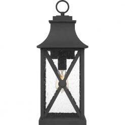 Ellerbee 8.5 in. 1-Light Mottled Black Outdoor Wall Lantern Sconce with Clear Seeded Glass by Quoizel -Quoizel Sales mottled black quoizel outdoor sconces elb8409mb 4f 1000