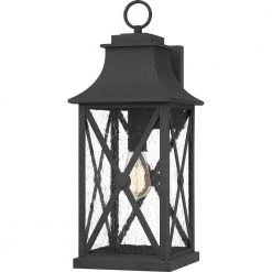 Ellerbee 8.5 in. 1-Light Mottled Black Outdoor Wall Lantern Sconce with Clear Seeded Glass by Quoizel