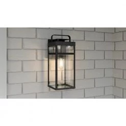 Keaton 7.5 in. 1-Light Mottled Black Outdoor Wall Lantern Sconce with Clear Tempered Glass by Quoizel -Quoizel Sales mottled black quoizel outdoor sconces ktn8408mb 40 1000
