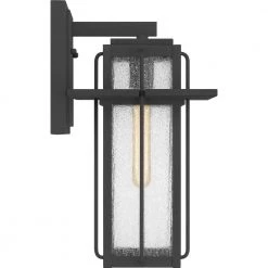 Randall 9 in. 1-Light Mottled Black Outdoor Wall Lantern Sconce with Clear Seeded Glass by Quoizel -Quoizel Sales mottled black quoizel outdoor sconces rdl8409mb 1f 1000