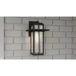 Randall 9 in. 1-Light Mottled Black Outdoor Wall Lantern Sconce with Clear Seeded Glass by Quoizel -Quoizel Sales mottled black quoizel outdoor sconces rdl8409mb 40 1000