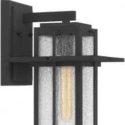 Randall 9 in. 1-Light Mottled Black Outdoor Wall Lantern Sconce with Clear Seeded Glass by Quoizel -Quoizel Sales mottled black quoizel outdoor sconces rdl8409mb 44 1000