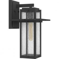 Randall 9 in. 1-Light Mottled Black Outdoor Wall Lantern Sconce with Clear Seeded Glass by Quoizel -Quoizel Sales mottled black quoizel outdoor sconces rdl8409mb c3 1000