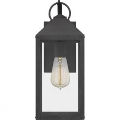 Thorpe 6 in. 1-Light Mottled Black Outdoor Wall Lantern Sconce with Clear Tempered Glass by Quoizel 15 Thorpe 6 in. 1-Light Mottled Black Outdoor Wall Lantern Sconce with Clear Tempered Glass by Quoizel -Quoizel Sales mottled black quoizel outdoor sconces tpe8406mb 4f 1000