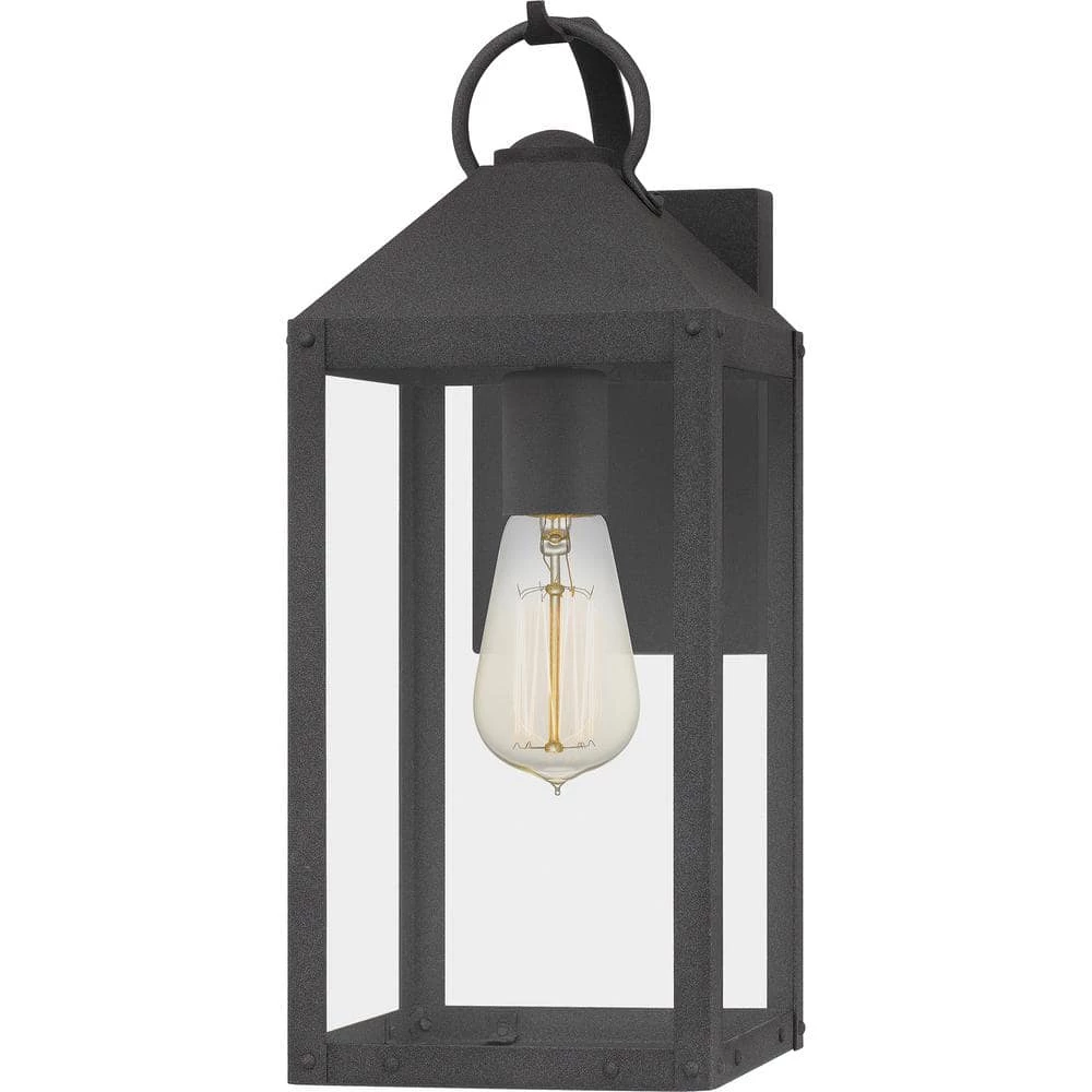 Thorpe 6 in. 1-Light Mottled Black Outdoor Wall Lantern Sconce with Clear Tempered Glass by Quoizel 3 Thorpe 6 in. 1-Light Mottled Black Outdoor Wall Lantern Sconce with Clear Tempered Glass by Quoizel