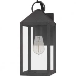 Thorpe 6 in. 1-Light Mottled Black Outdoor Wall Lantern Sconce with Clear Tempered Glass by Quoizel 14 Thorpe 6 in. 1-Light Mottled Black Outdoor Wall Lantern Sconce with Clear Tempered Glass by Quoizel -Quoizel Sales mottled black quoizel outdoor sconces tpe8406mb c3 1000