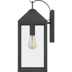 Thorpe 8 in. 1-Light Mottled Black Outdoor Wall Lantern Sconce with Clear Tempered Glass by Quoizel -Quoizel Sales mottled black quoizel outdoor sconces tpe8408mb 1f 1000