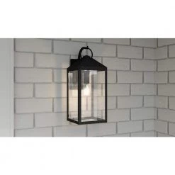 Thorpe 8 in. 1-Light Mottled Black Outdoor Wall Lantern Sconce with Clear Tempered Glass by Quoizel -Quoizel Sales mottled black quoizel outdoor sconces tpe8408mb 40 1000
