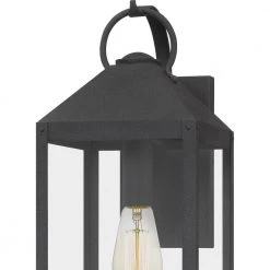 Thorpe 8 in. 1-Light Mottled Black Outdoor Wall Lantern Sconce with Clear Tempered Glass by Quoizel -Quoizel Sales mottled black quoizel outdoor sconces tpe8408mb 44 1000