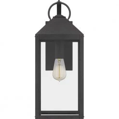Thorpe 8 in. 1-Light Mottled Black Outdoor Wall Lantern Sconce with Clear Tempered Glass by Quoizel -Quoizel Sales mottled black quoizel outdoor sconces tpe8408mb 4f 1000