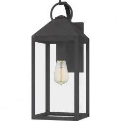 Thorpe 8 in. 1-Light Mottled Black Outdoor Wall Lantern Sconce with Clear Tempered Glass by Quoizel