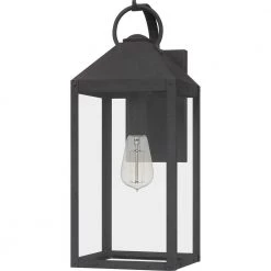 Thorpe 8 in. 1-Light Mottled Black Outdoor Wall Lantern Sconce with Clear Tempered Glass by Quoizel -Quoizel Sales mottled black quoizel outdoor sconces tpe8408mb c3 1000