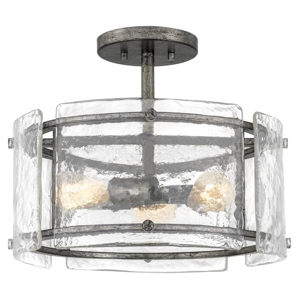 Fortress 12.75 in. 3-Light Mottled Silver Semi-Flush Mount by Quoizel 3 Fortress 12.75 in. 3-Light Mottled Silver Semi-Flush Mount by Quoizel