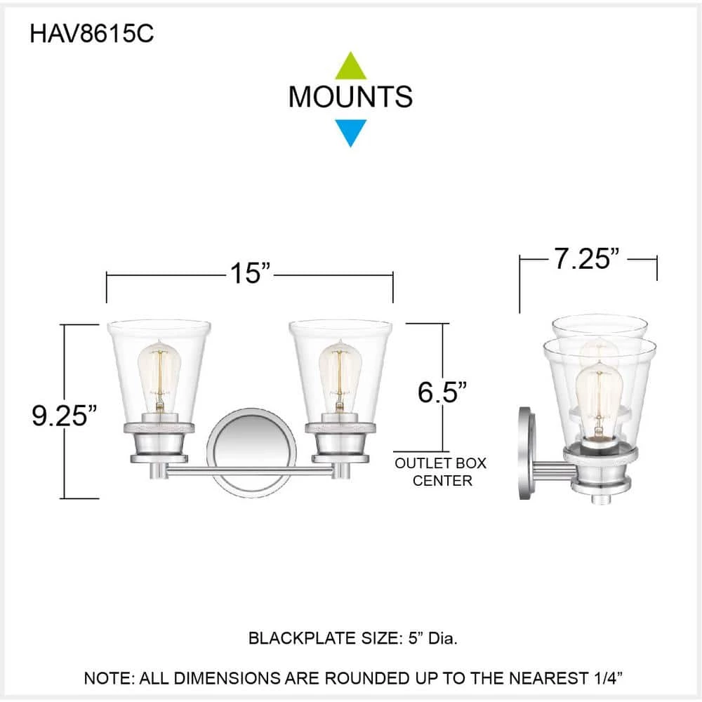 Haverfield 15 in. 2-Light Polished Chrome Vanity Light by Quoizel 4 Haverfield 15 in. 2-Light Polished Chrome Vanity Light by Quoizel - Image 2