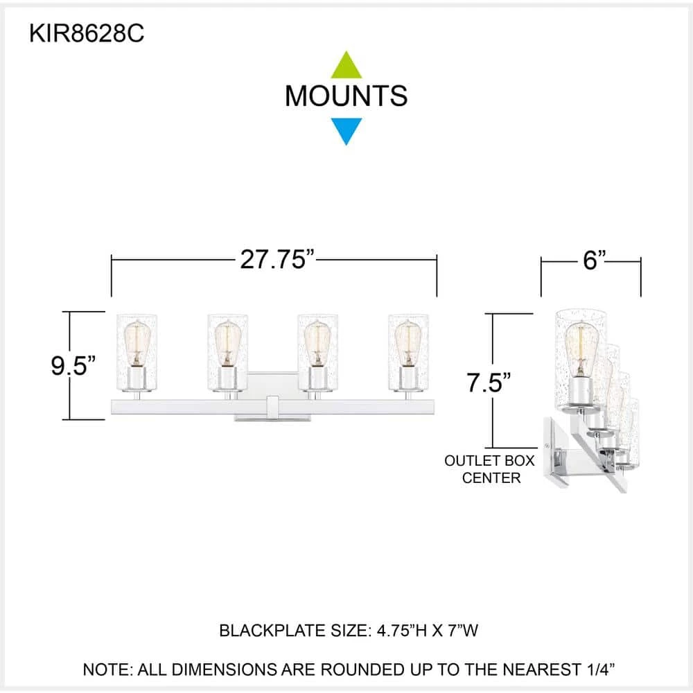 Kirby 27.75 in. 4-Light Polished Chrome Vanity Light with Clear Seeded Glass by Quoizel 8 Kirby 27.75 in. 4-Light Polished Chrome Vanity Light with Clear Seeded Glass by Quoizel - Image 6