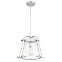 Cardiff 1-Light Polished Nickel Mini Pendant with Clear Glass by Quoizel -Quoizel Sales polished nickel quoizel pendant lights qpp5344pk 1f 1000