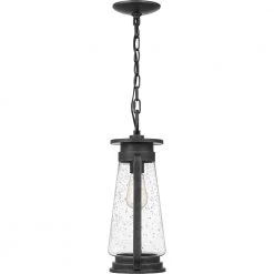 Sutton 8.5 in. 1-Light Speckled Black Outdoor Pendant-Light with Clear Seeded Glass by Quoizel -Quoizel Sales speckled black quoizel outdoor pendant lights sut1909spb 1f 1000