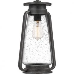 Sutton 8.5 in. 1-Light Speckled Black Outdoor Pendant-Light with Clear Seeded Glass by Quoizel -Quoizel Sales speckled black quoizel outdoor pendant lights sut1909spb 44 1000