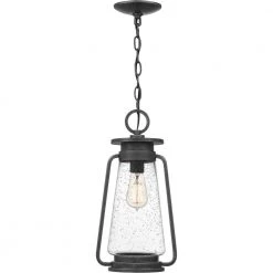 Sutton 8.5 in. 1-Light Speckled Black Outdoor Pendant-Light with Clear Seeded Glass by Quoizel -Quoizel Sales speckled black quoizel outdoor pendant lights sut1909spb 4f 1000
