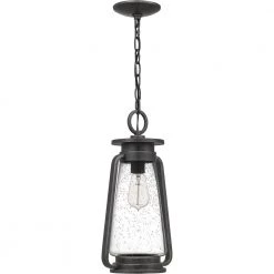 Sutton 8.5 in. 1-Light Speckled Black Outdoor Pendant-Light with Clear Seeded Glass by Quoizel -Quoizel Sales speckled black quoizel outdoor pendant lights sut1909spb c3 1000