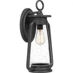 Sutton 8.5 in. 1-Light Speckled Black Outdoor Wall Lantern Sconce with Clear Seeded Glass by Quoizel