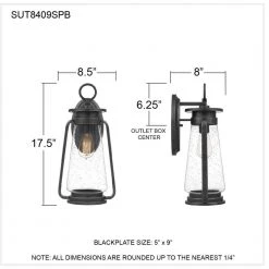 Sutton 8.5 in. 1-Light Speckled Black Outdoor Wall Lantern Sconce with Clear Seeded Glass by Quoizel -Quoizel Sales speckled black quoizel outdoor sconces sut8409spb fa 1000