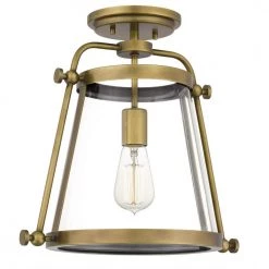 Cardiff 1-Light Weathered Brass Semi-Flush Mount with Clear Glass by Quoizel -Quoizel Sales weathered brass quoizel flush mount lights qfl5344ws 4f 1000