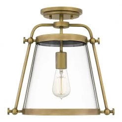 Cardiff 1-Light Weathered Brass Semi-Flush Mount with Clear Glass by Quoizel