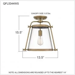 Cardiff 1-Light Weathered Brass Semi-Flush Mount with Clear Glass by Quoizel -Quoizel Sales weathered brass quoizel flush mount lights qfl5344ws fa 1000
