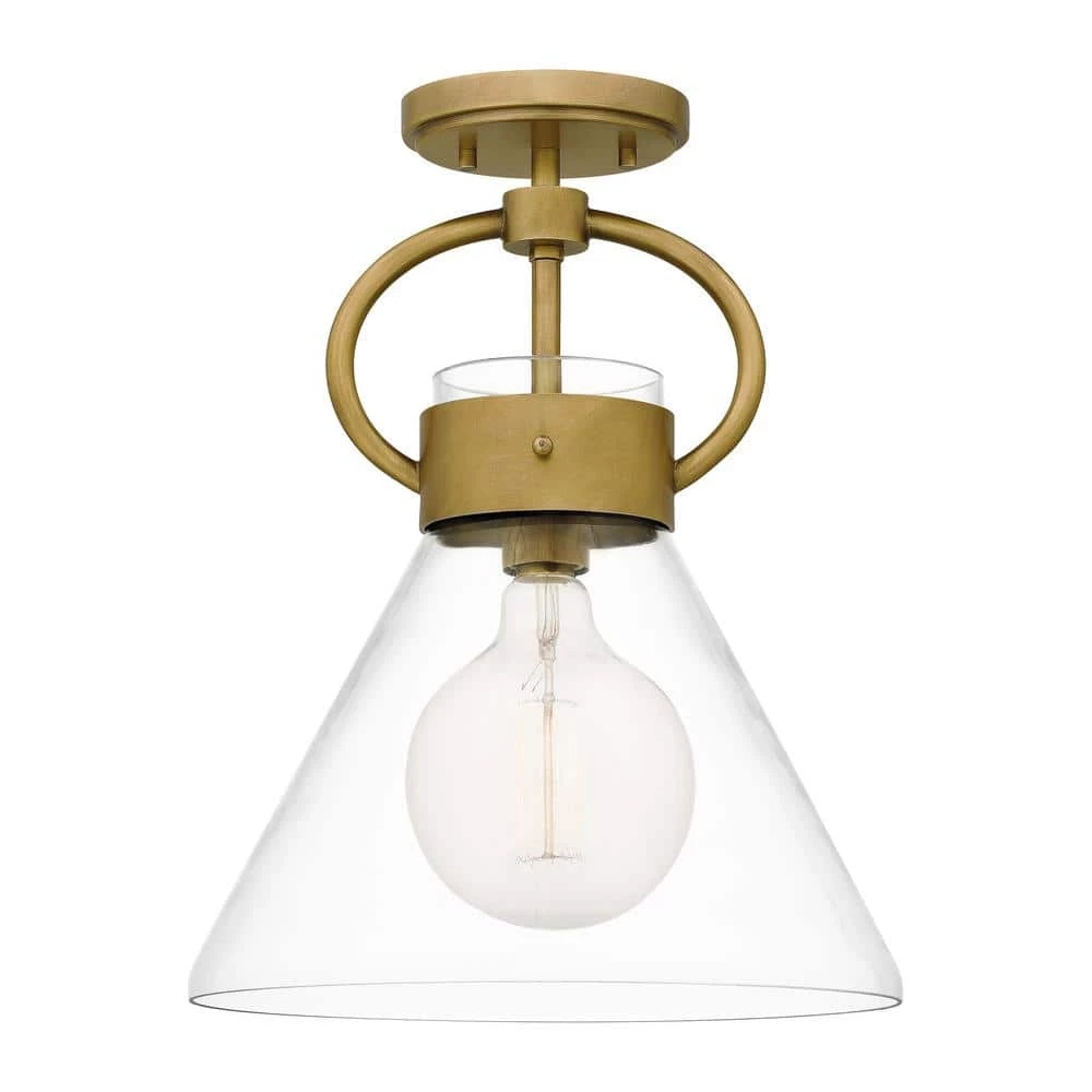 Webster 12 in. 1-Light Weathered Brass Semi-Flush Mount with Clear Glass by Quoizel 3 Webster 12 in. 1-Light Weathered Brass Semi-Flush Mount with Clear Glass by Quoizel