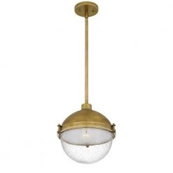 Perrine 1-Light Weathered Brass Mini Pendant with Clear Seeded Glass by Quoizel -Quoizel Sales weathered brass quoizel pendant lights pin1512ws 1f 1000