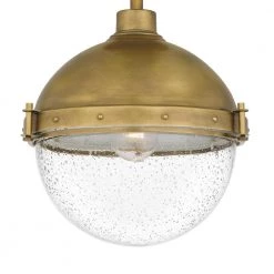 Perrine 1-Light Weathered Brass Mini Pendant with Clear Seeded Glass by Quoizel -Quoizel Sales weathered brass quoizel pendant lights pin1512ws 44 1000