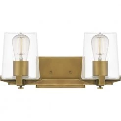 Perry 16 in. 2-Light Weathered Brass Vanity Light with Clear Glass by Quoizel
